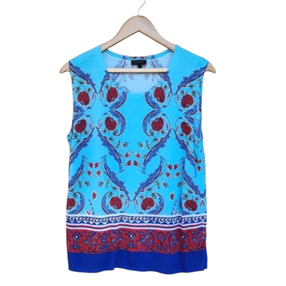 ESCADA Majorca Fantasy Floral Sleeveless Blouse L Silk Blend Resort Luxury Top - Picture 2 of 16